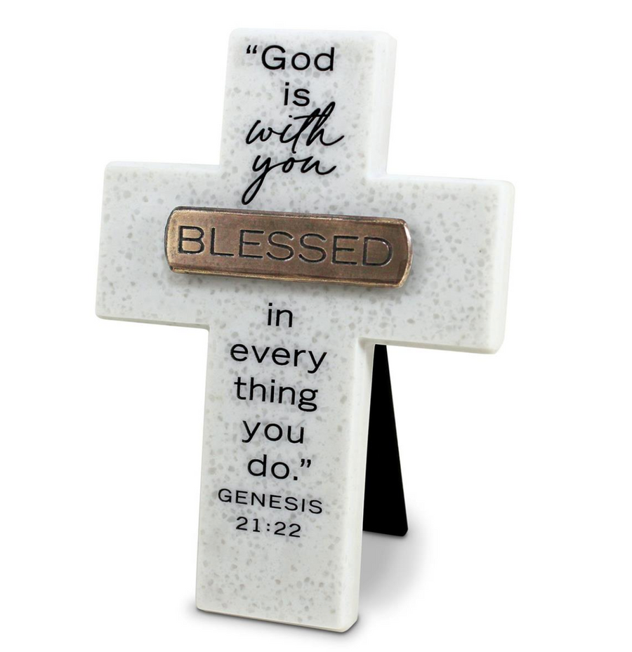 Blessed Genesis 21:22 Copper Accented Tabletop Cross