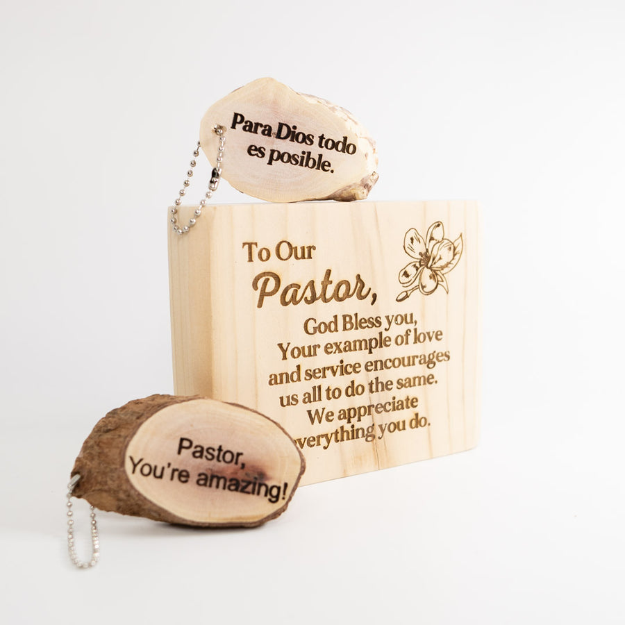 Pastor Appreciation Personalized Wood Keychain and Wood Block Bundle