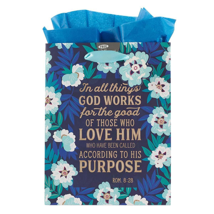 God Works For Good Romans 8:27 Floral Blue Gift Bag