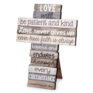 Love 9" Stacked Wood 1 Corinthians 13:4-7 Tabletop Cross