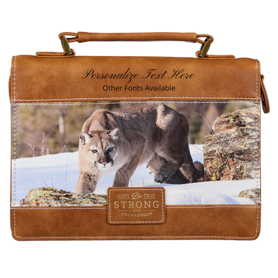 Be Strong and Courageous Mountain Lion Tan Joshua 1:9 Faux Leather Personalized Bible Cover For Men