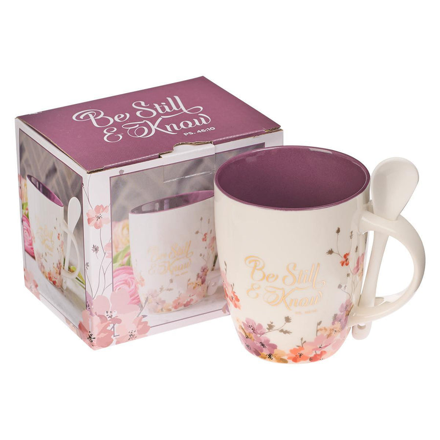 Be Still & Know Psalm 46:10 Purple Floral Ceramic Coffee Mug with Spoon