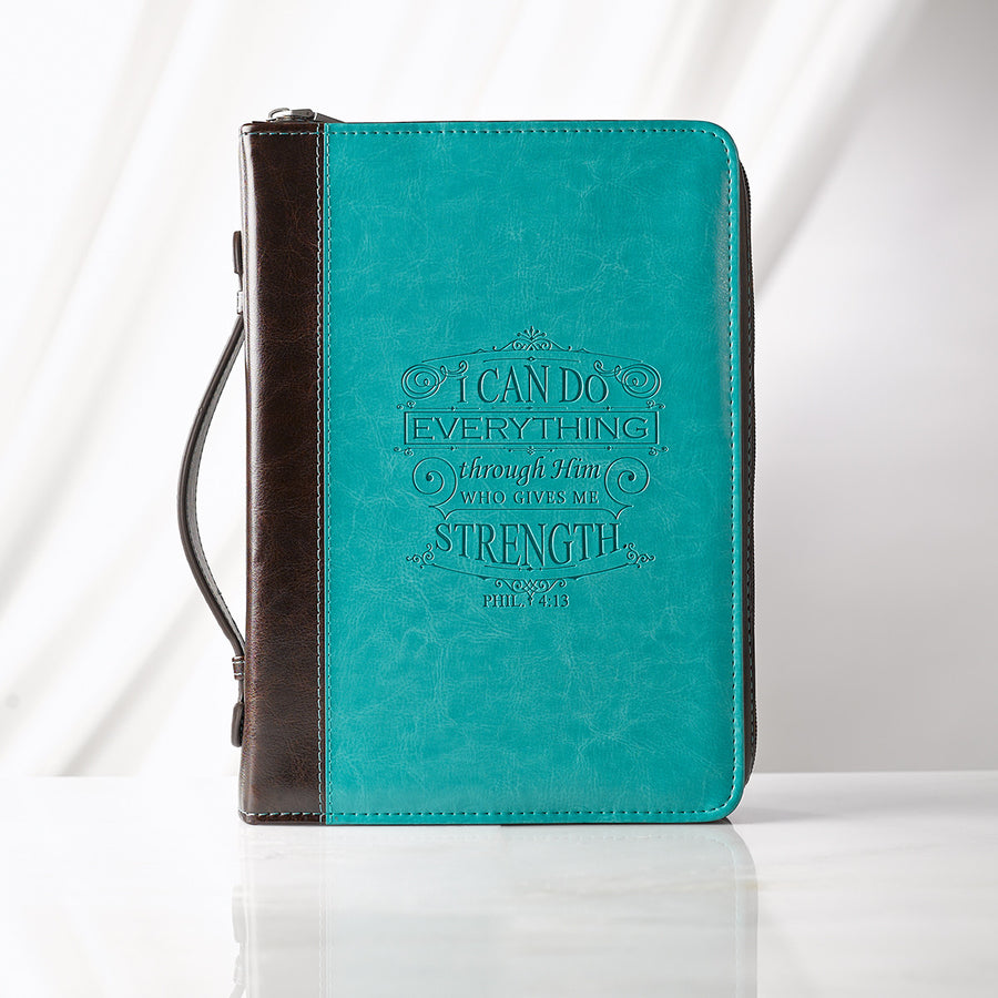 Philippians 4:13  Turquoise & Brown Faux Leather Personalized Bible Cover For Women