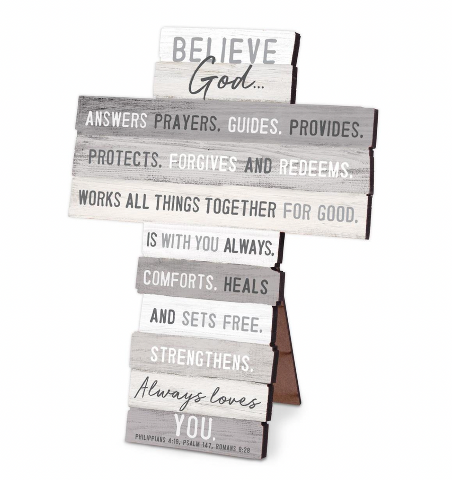 Believe God Philippians 4:19, Psalm 147, Romans 8:28 Tabletop Cross