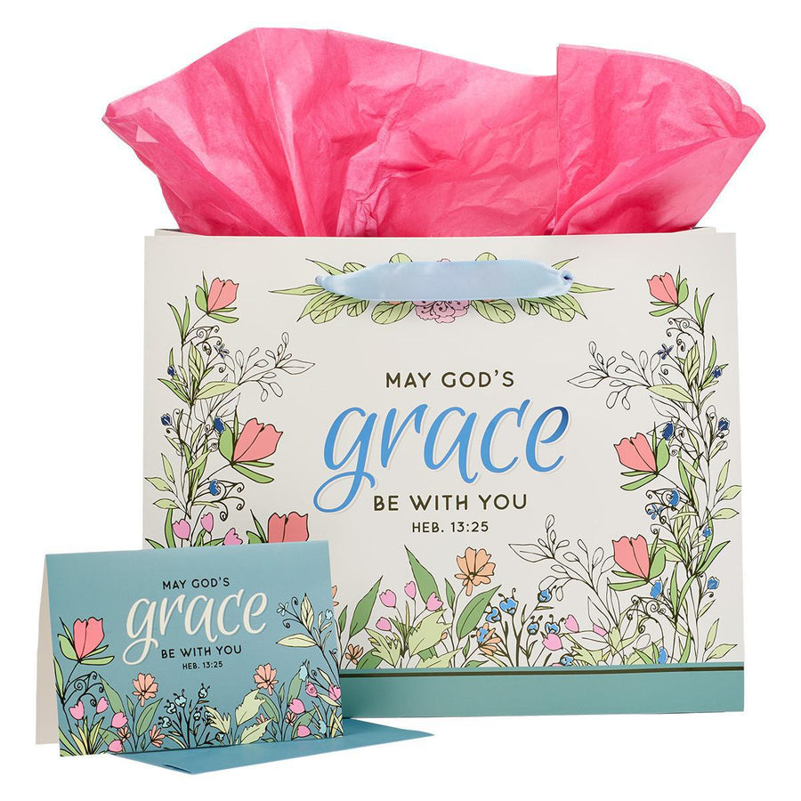 God's Grace Hebrews 13:25 Blue Floral Landscape Gift Bag & Card Set