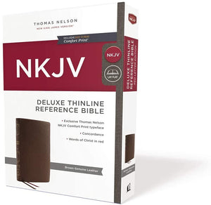 Personalized NKJV Deluxe Thinline Reference Bible Red Letter Comfort Print Genuine Leather Brown