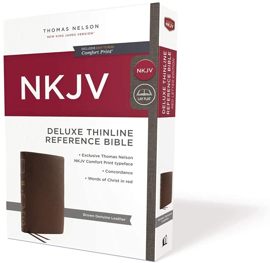 Personalized NKJV Deluxe Thinline Reference Bible Red Letter Comfort Print Genuine Leather Brown