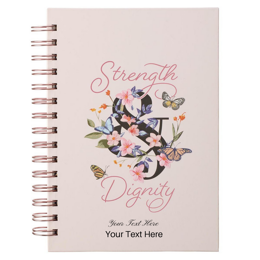 Personalized Journal Strength & Dignity Pink Butterfly Garden Large Wirebound Proverbs 31:25