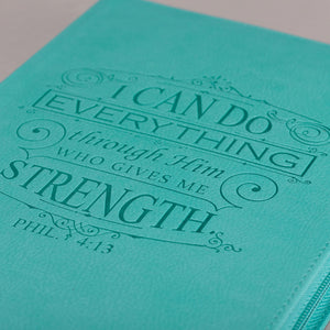 Personalized Custom Text I Can Do Everything Zippered Journal LuxLeather Philippians 4:13 Turquoise