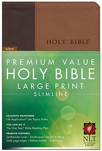 Personalized NLT Premium Value Large Print Slimline Bible Leathersoft Look Brown Tan TuTone New Living Translation